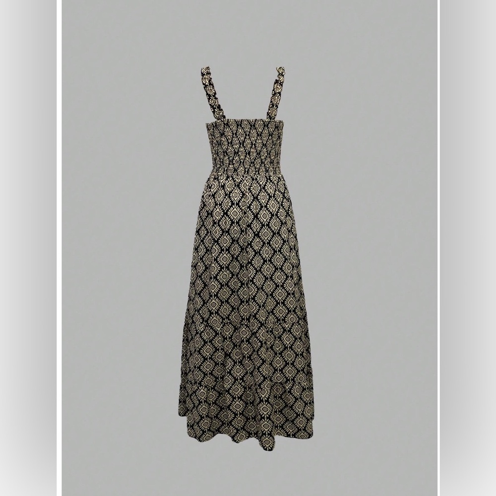 Bohemian Print Shirred Ruffle Hem Maxi Dress BLACK/WHITE - Picture 3 of 6
